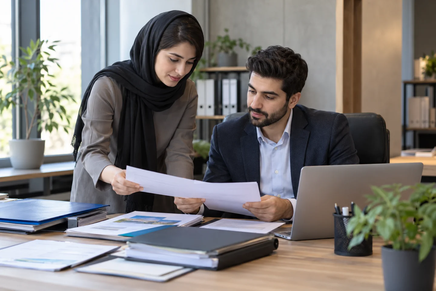 دو همکار در دفتر مدرن در حال تفکیک اسناد تمدید و خدمات سایت