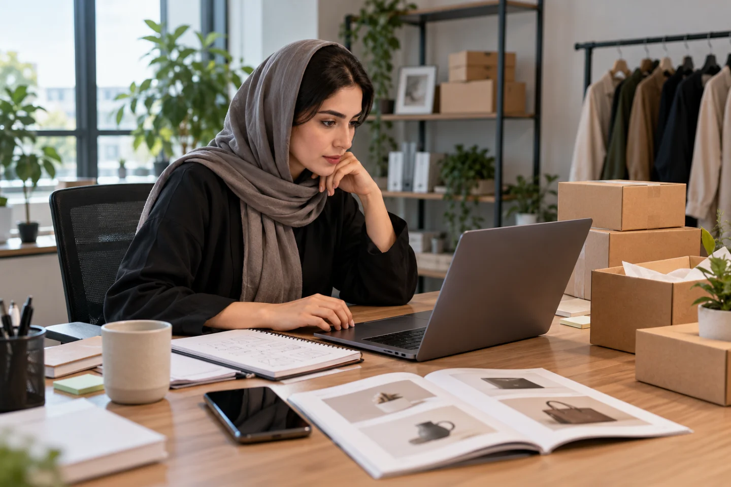 مدیر فروشگاه اینترنتی با شال روی سر در حال بررسی پشتیبانگیری و هزینههای سایت فروشگاهی