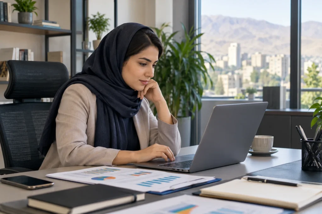صاحب یک کسبوکار با شال روی سر در دفتر مدرن در حال بررسی دفتر بودجه سالانه سایت