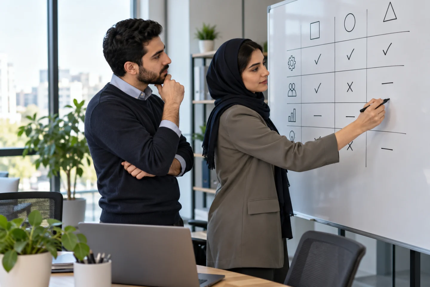 دو متخصص در دفتر مدرن در حال ساخت جدول مقایسه دامنه کار پیشفاکتورها