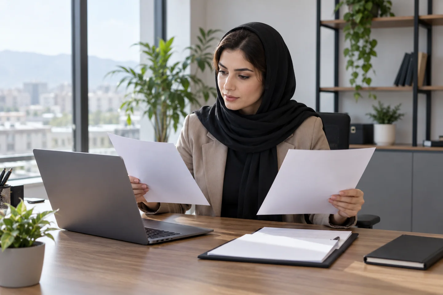 صاحب کسبوکار با شال روی سر در حال مقایسه دو پیشفاکتور طراحی سایت در دفتر مدرن